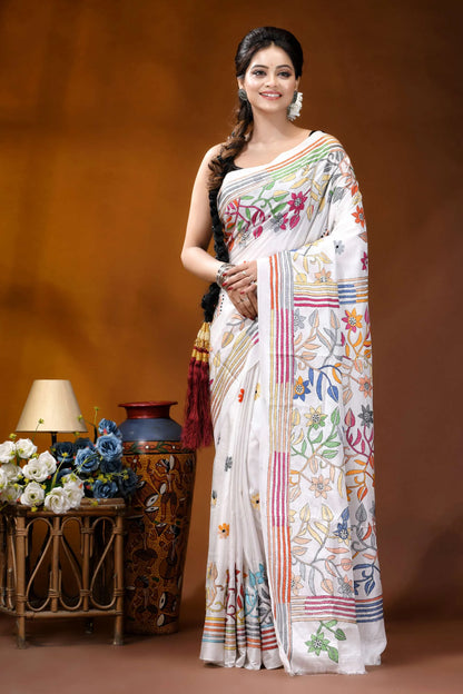 Multicolor floral design handmade white silk kantha saree white embroidered saree colorful floral 6