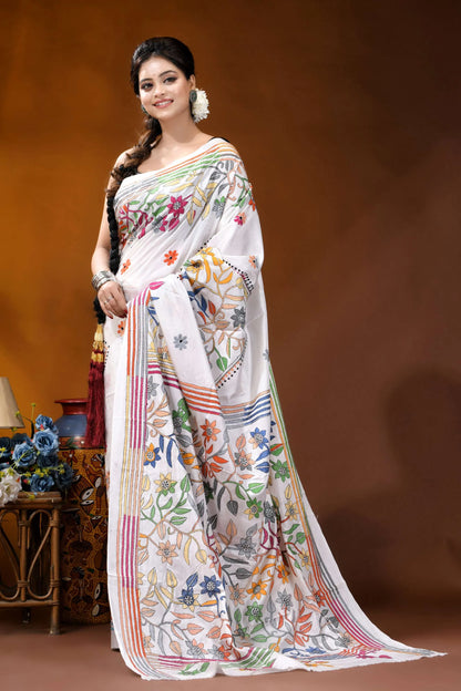 Multicolor floral design handmade white silk kantha saree white saree adorned vibrant hand-embroidered 4