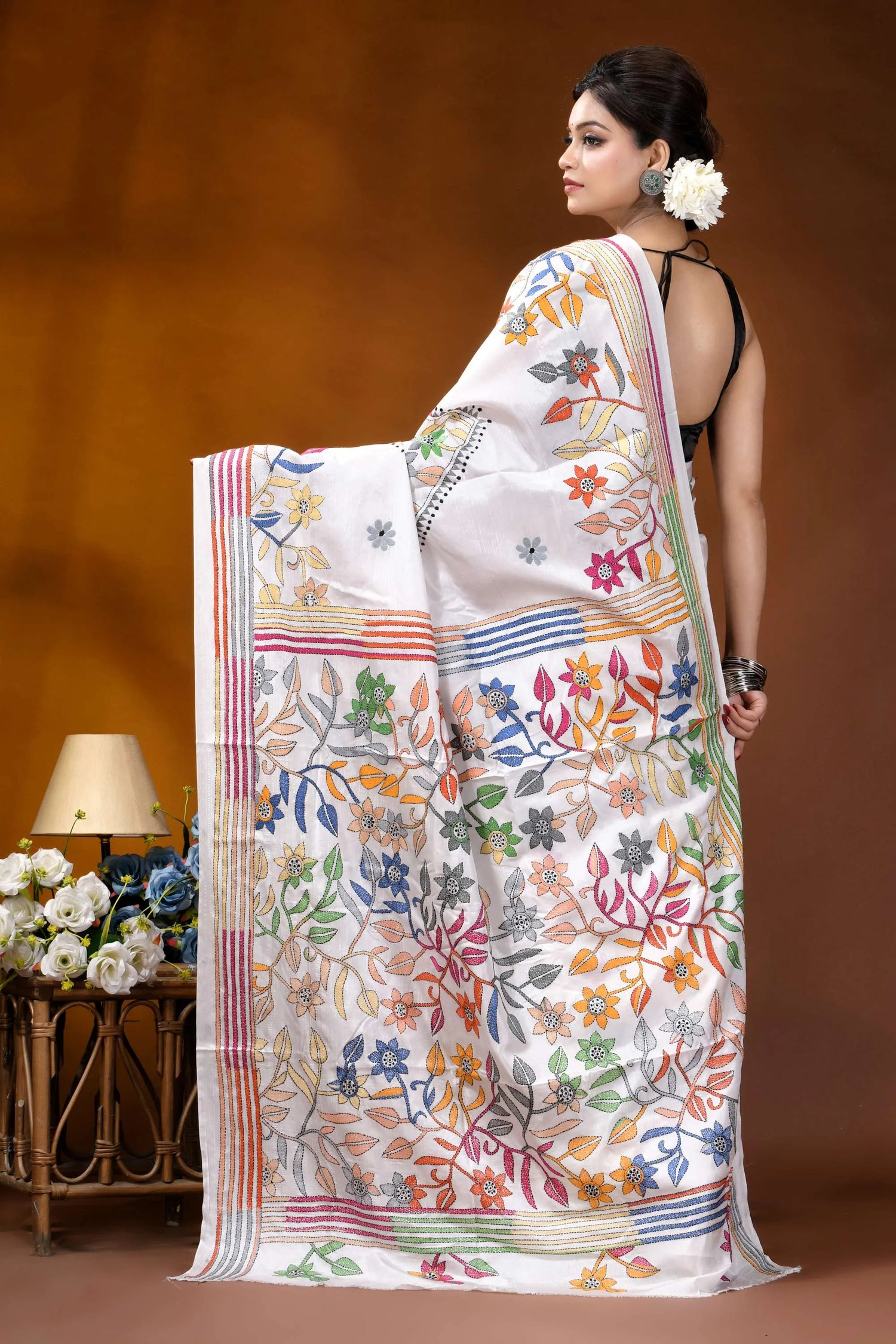 Multicolor floral design handmade white silk kantha saree white embroidered saree vibrant floral 5