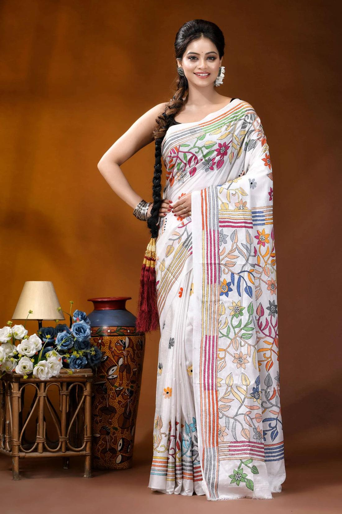 Multicolor floral design handmade white silk kantha saree white embroidered saree colorful floral 1