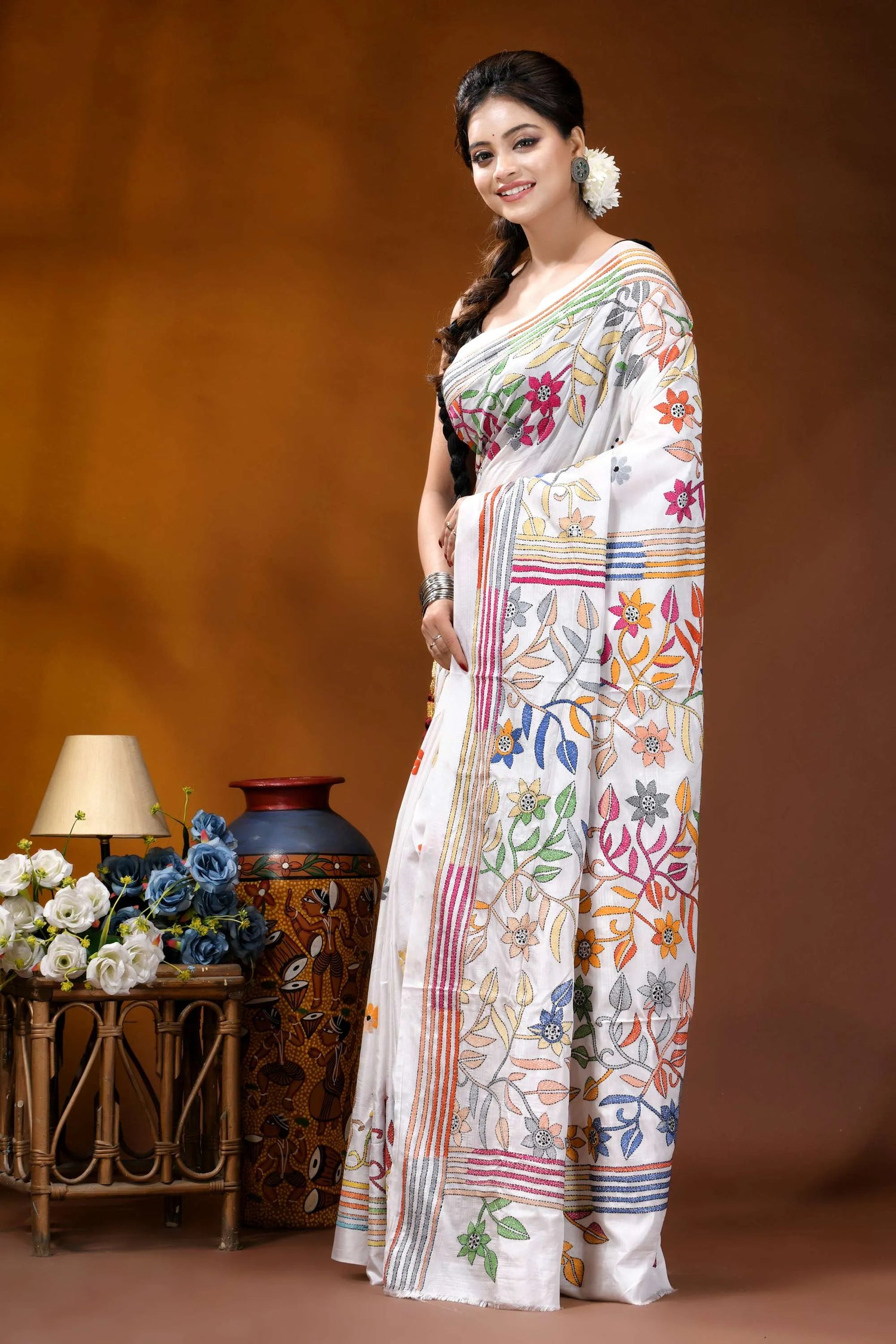 Multicolor floral design handmade white silk kantha saree white saree adorned vibrant hand-embroidered 3