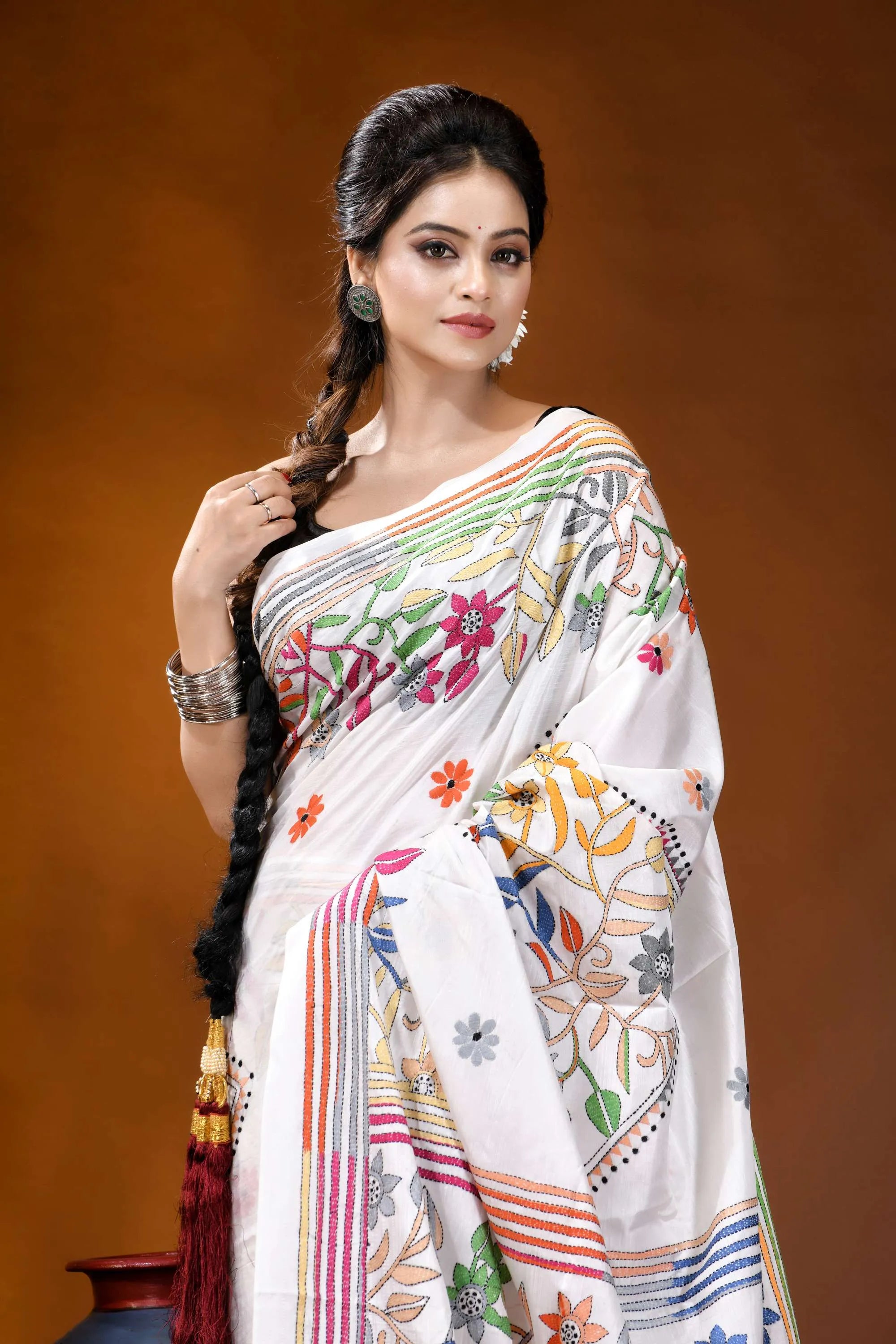 Multicolor floral design handmade white silk kantha saree white saree colorful floral embroidery 2