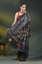 Multicolor floral design onyx black silk kantha stitch saree 4