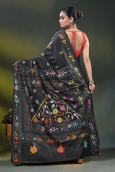 Multicolor floral design onyx black silk kantha stitch saree 5
