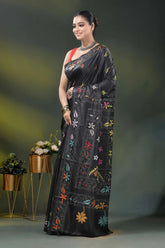 Multicolor floral design onyx black silk kantha stitch saree 3