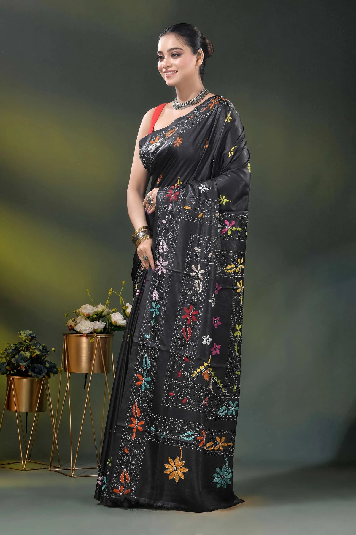 Multicolor floral design onyx black silk kantha stitch saree 3