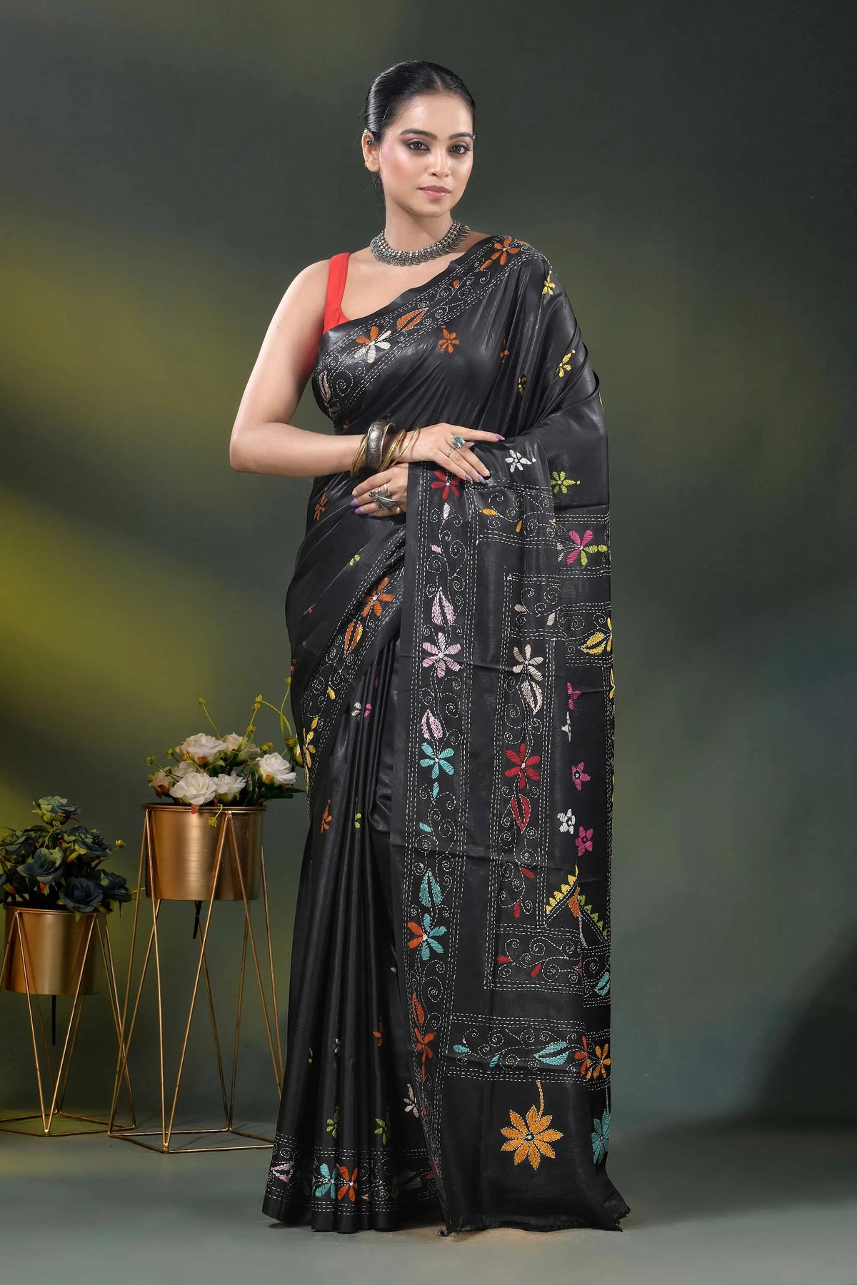 Multicolor floral design onyx black silk kantha stitch saree 1