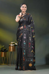 Multicolor floral design onyx black silk kantha stitch saree 6