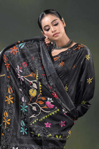 Multicolor floral design onyx black silk kantha stitch saree 2