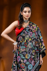 Multicolor floral ebony black silk kantha saree - hand embroidered 2