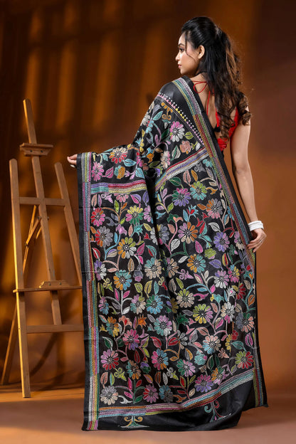Multicolor floral ebony black silk kantha saree - hand embroidered 5