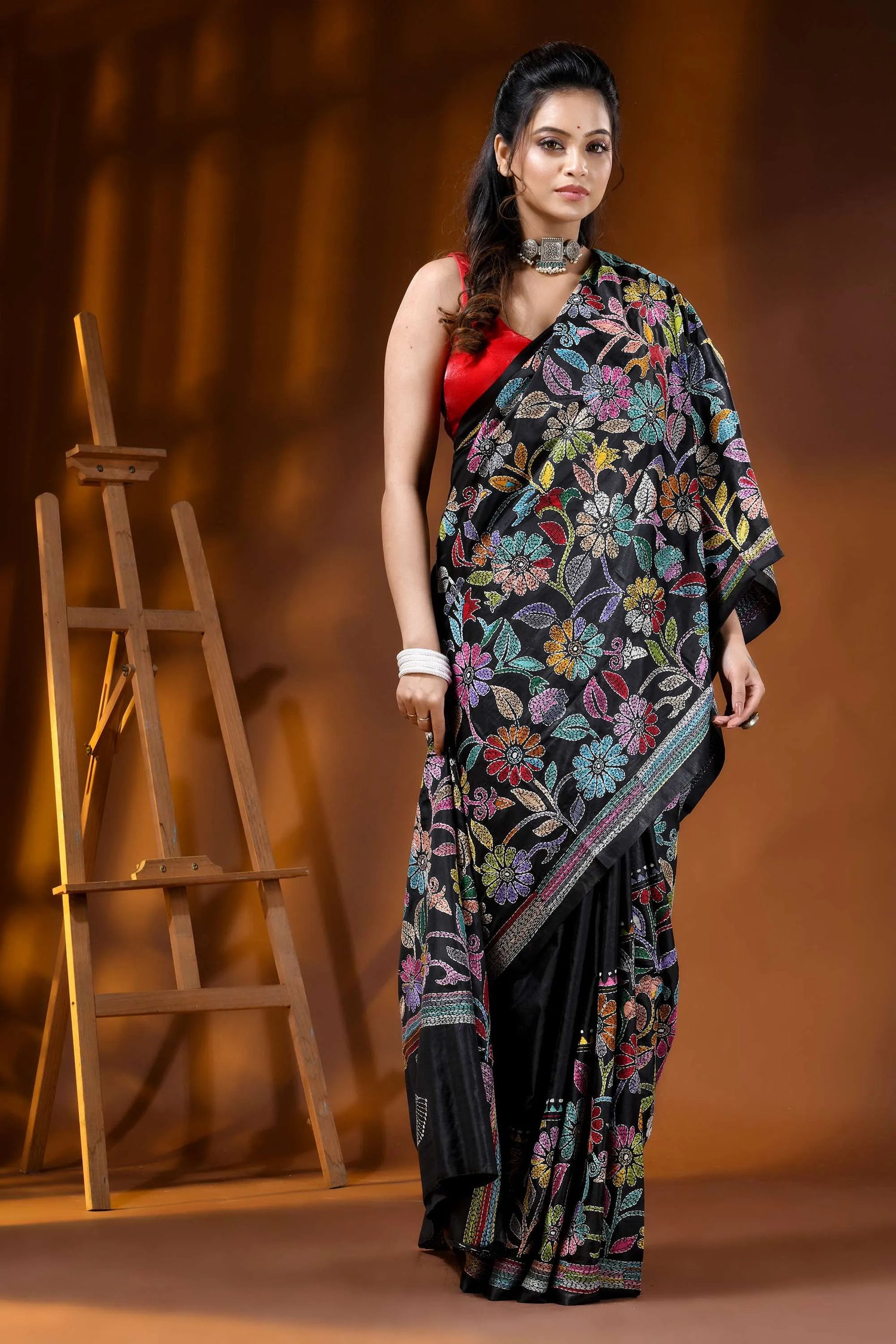 Multicolor floral ebony black silk kantha saree - hand embroidered 4