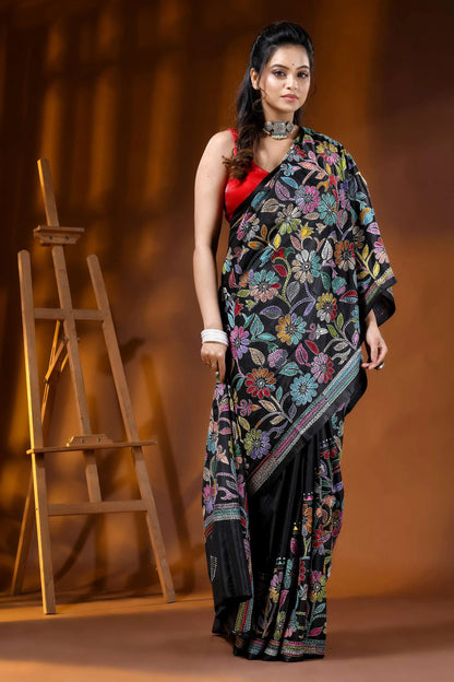 Multicolor floral ebony black silk kantha saree - hand embroidered 4