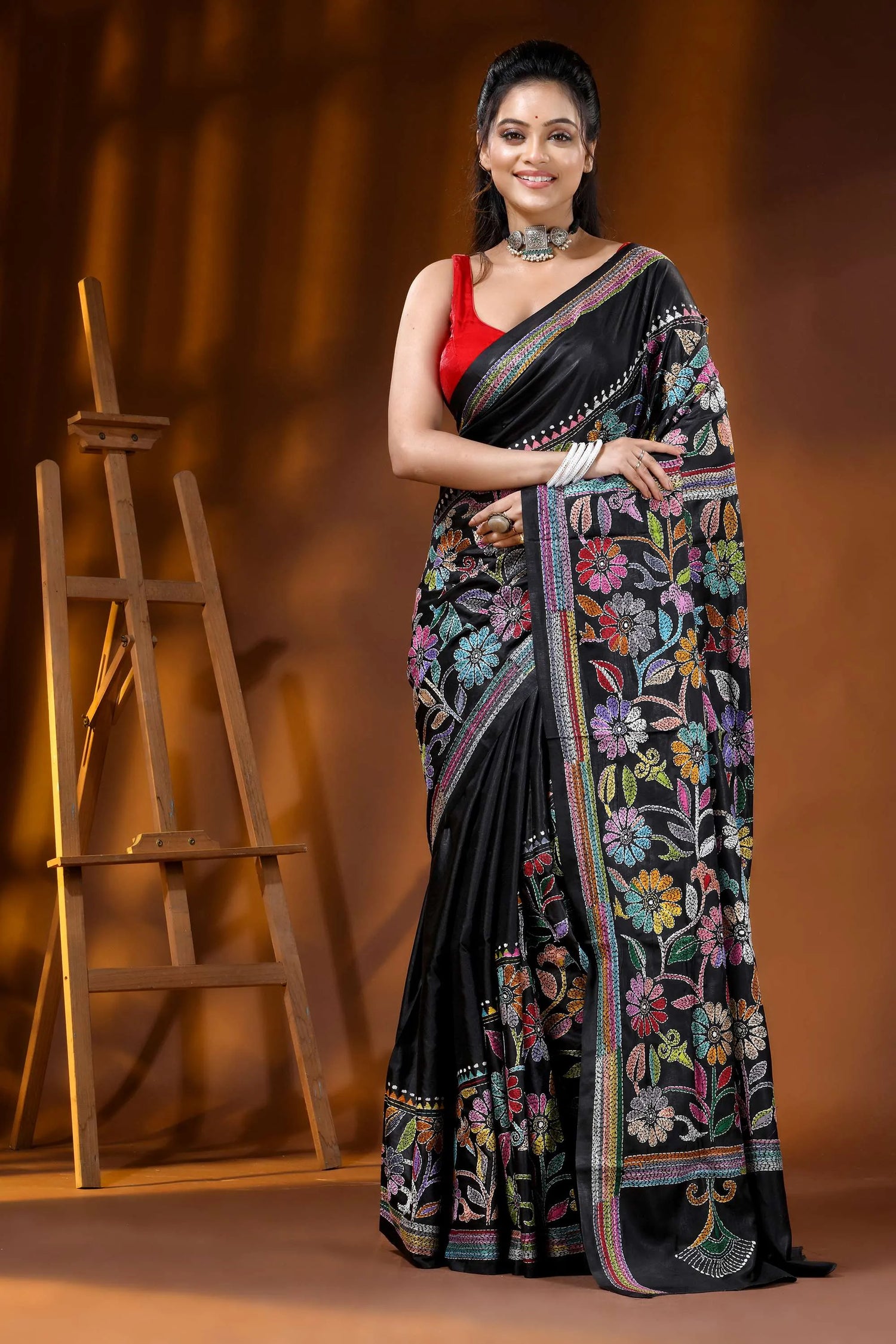 Multicolor floral ebony black silk kantha saree - hand embroidered 6