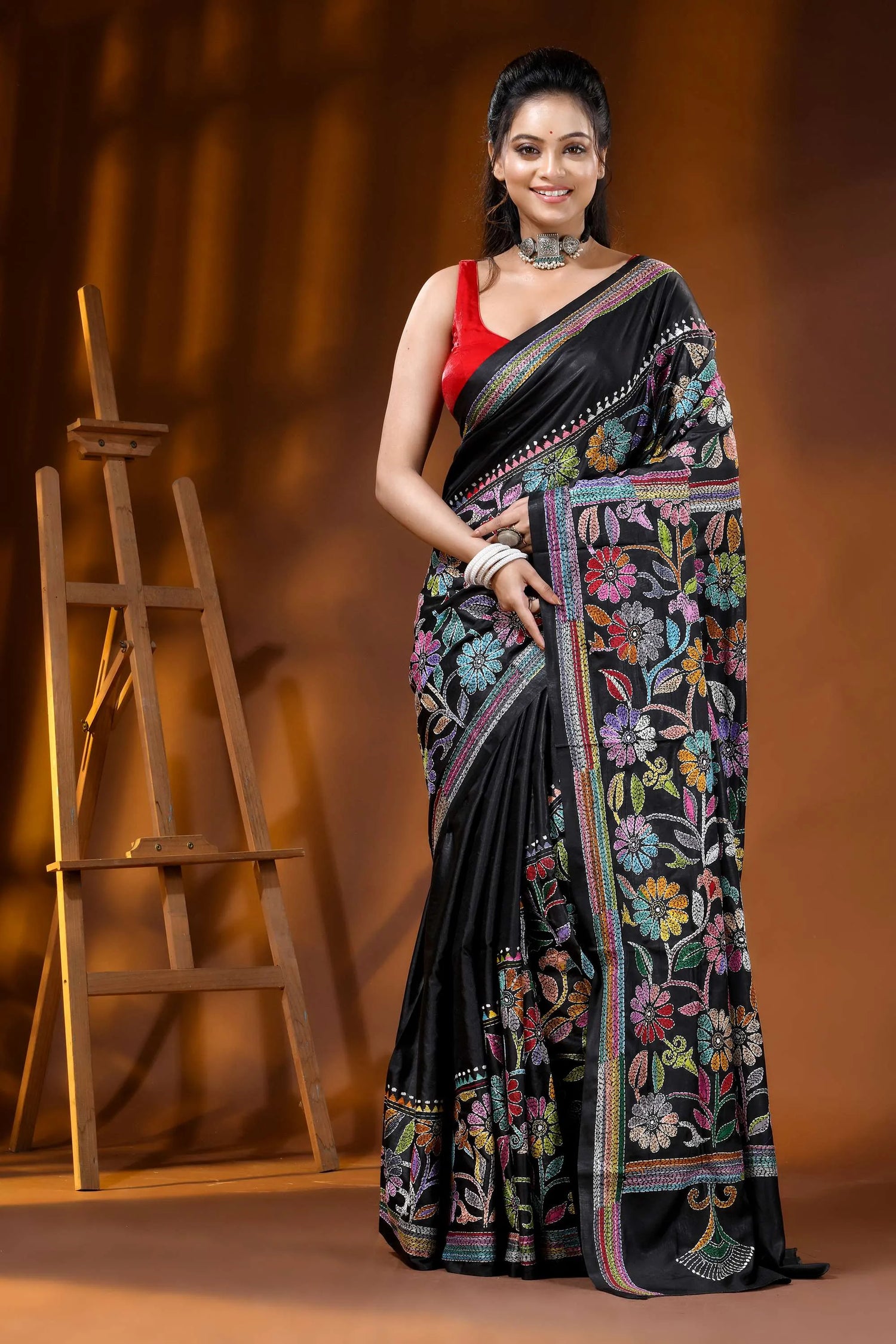 Multicolor floral ebony black silk kantha saree - hand embroidered 1