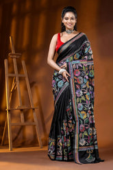 Multicolor floral ebony black silk kantha saree - hand embroidered 1
