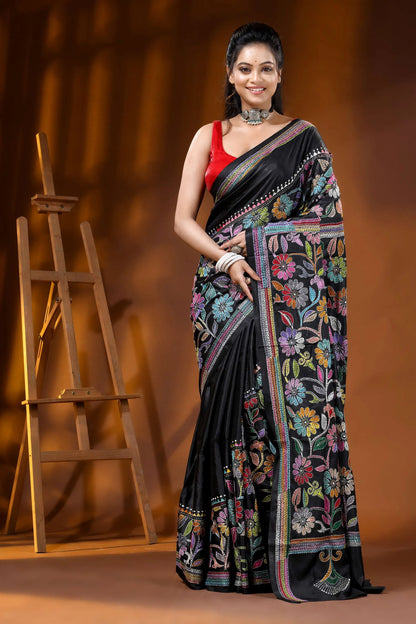 Multicolor floral ebony black silk kantha saree - hand embroidered 1