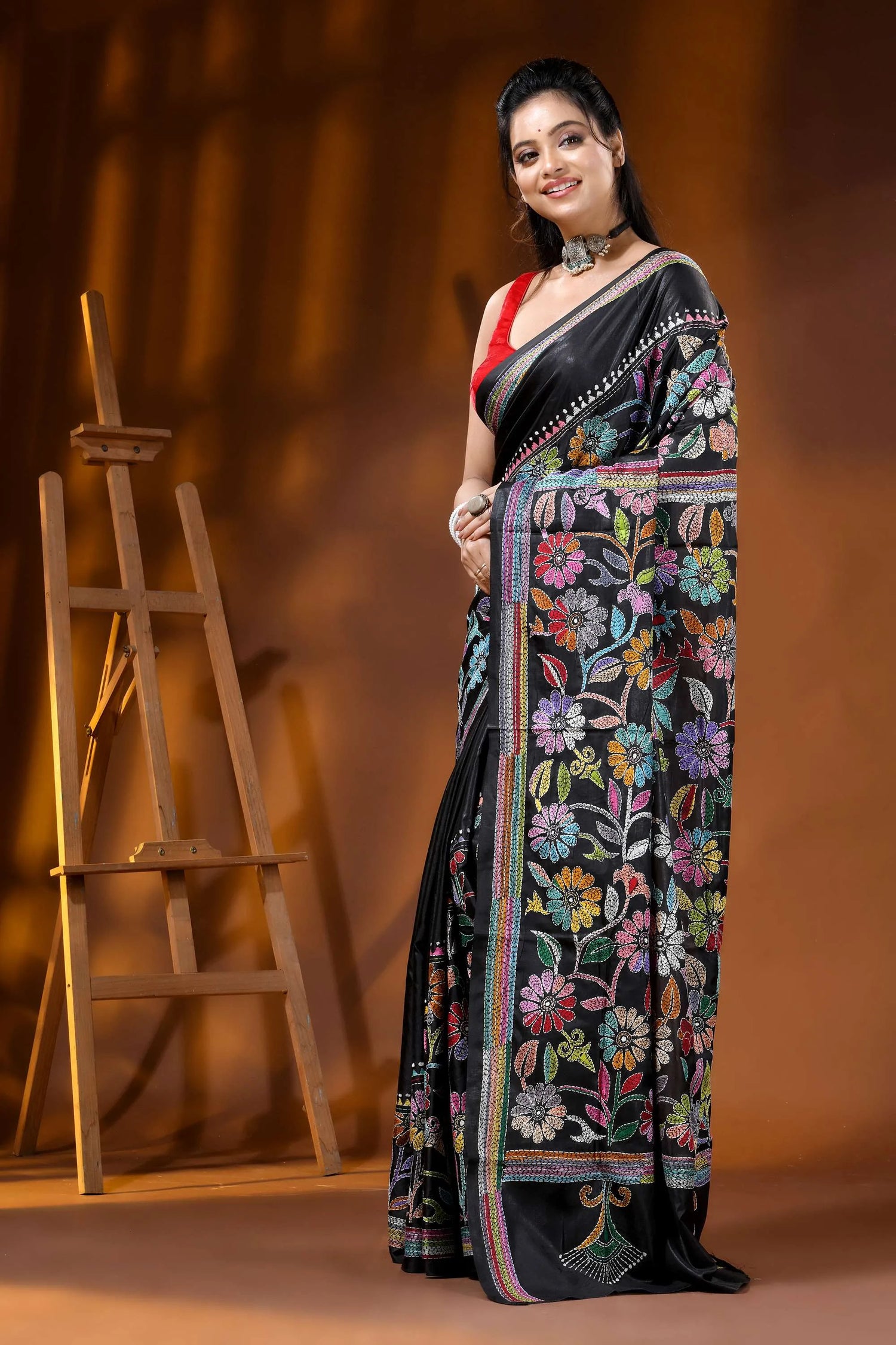 Multicolor floral ebony black silk kantha saree - hand embroidered 3