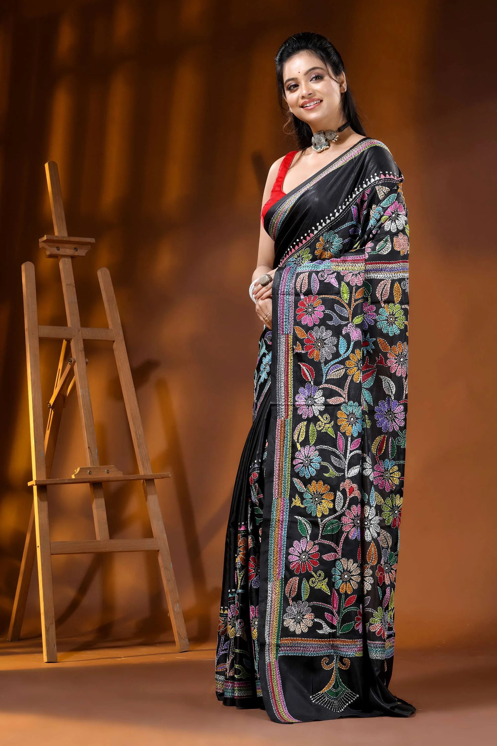Multicolor floral ebony black silk kantha saree - hand embroidered 3