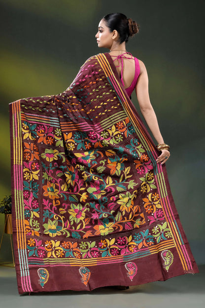 Multicolor floral hand embroidered kantha stitch silk saree in wine 4
