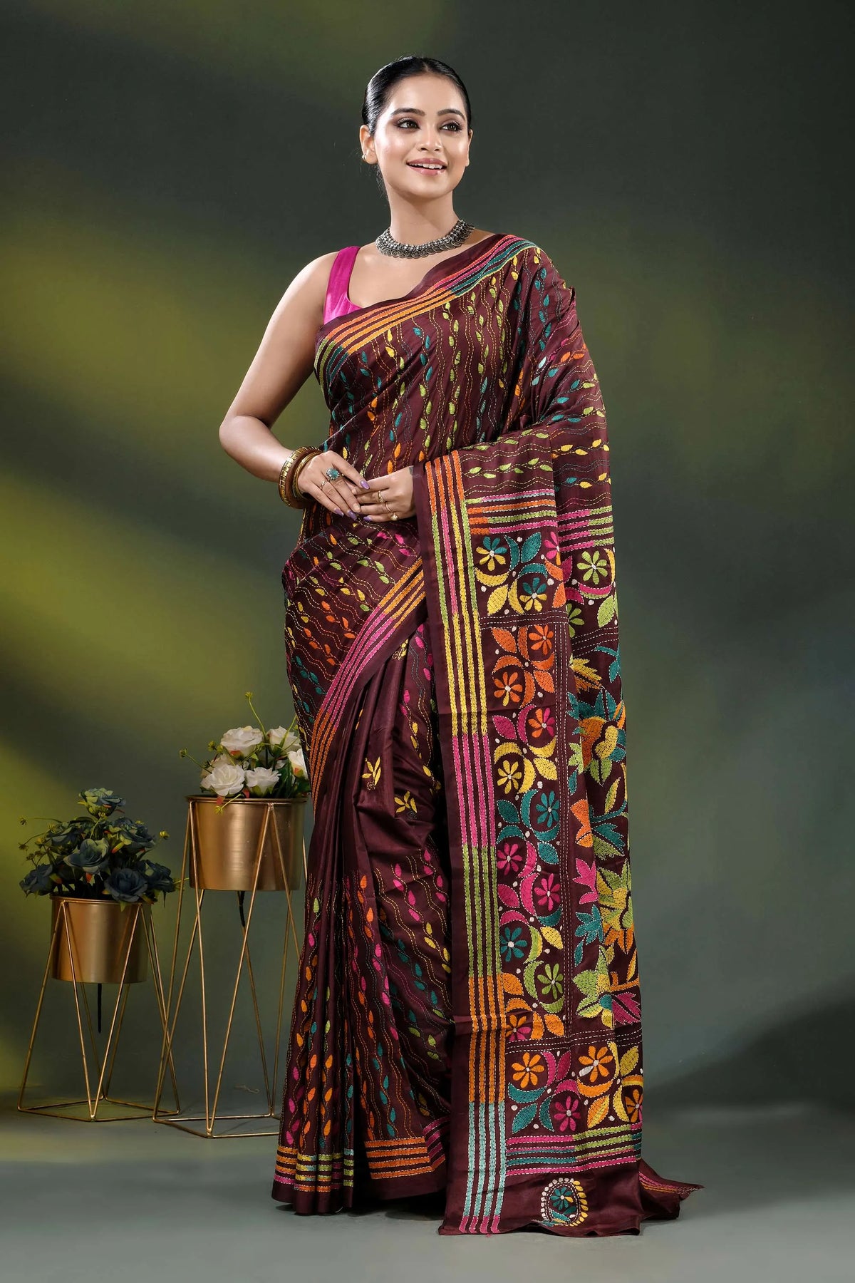 Multicolor floral hand embroidered kantha stitch silk saree in wine 6
