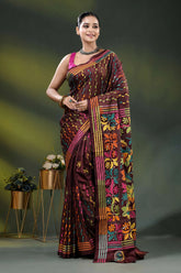 Multicolor floral hand embroidered kantha stitch silk saree in wine 6