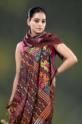 Multicolor floral hand embroidered kantha stitch silk saree in wine 2