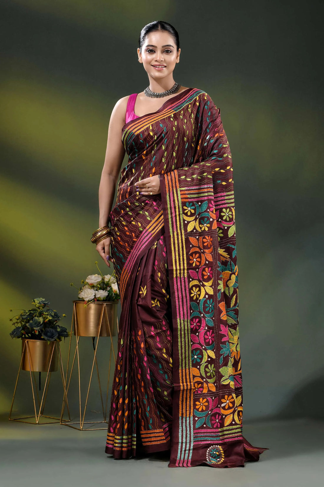 Multicolor floral hand embroidered kantha stitch silk saree in wine 1