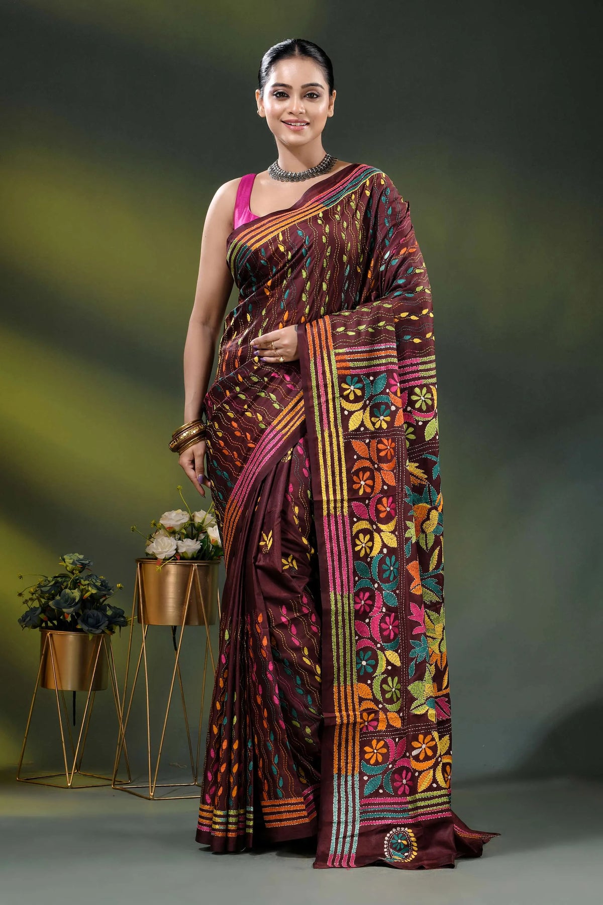 Multicolor floral hand embroidered kantha stitch silk saree in wine 1