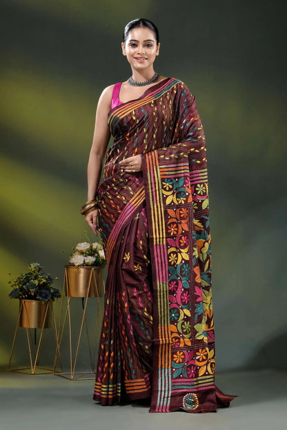 Multicolor floral hand embroidered kantha stitch silk saree in wine 1