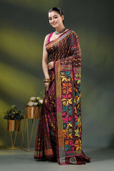 Multicolor floral hand embroidered kantha stitch silk saree in wine 3