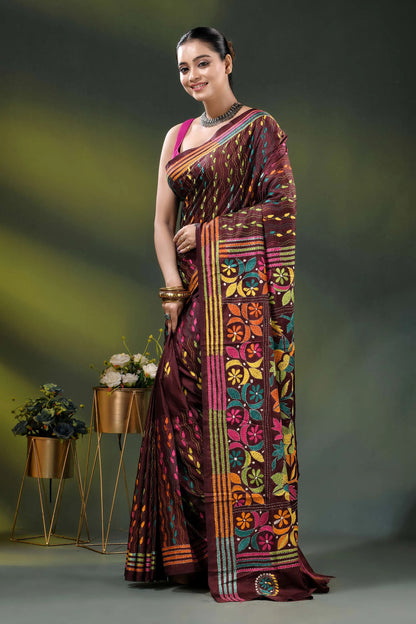 Multicolor floral hand embroidered kantha stitch silk saree in wine 3