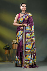 Multicolor floral hand embroidered wine kantha stitch silk saree 6