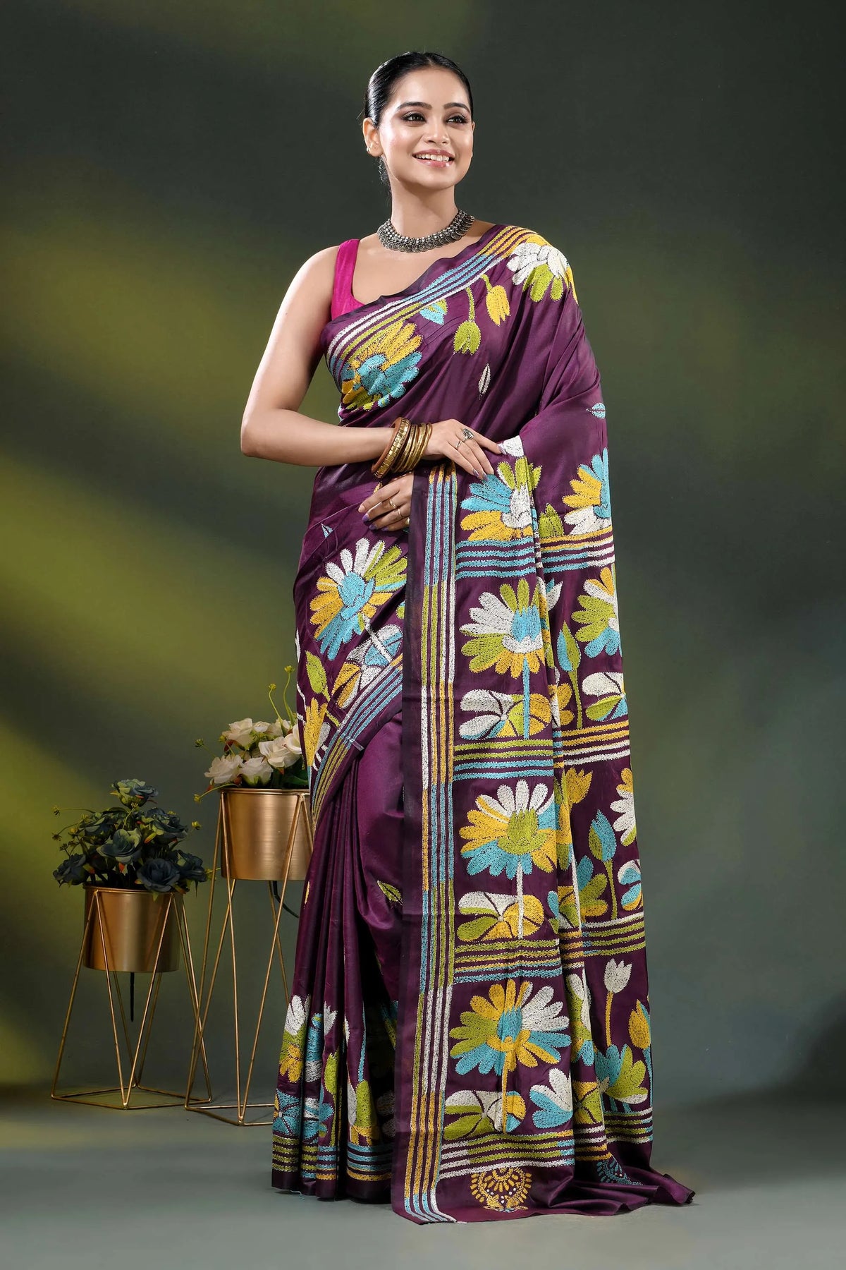 Multicolor floral hand embroidered wine kantha stitch silk saree 6