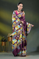 Multicolor floral hand embroidered wine kantha stitch silk saree 5