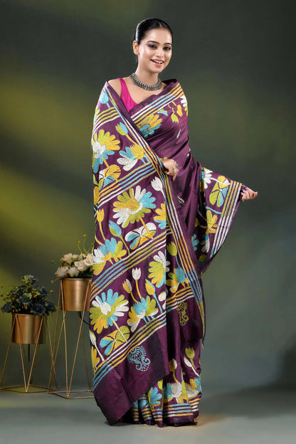 Multicolor floral hand embroidered wine kantha stitch silk saree 5