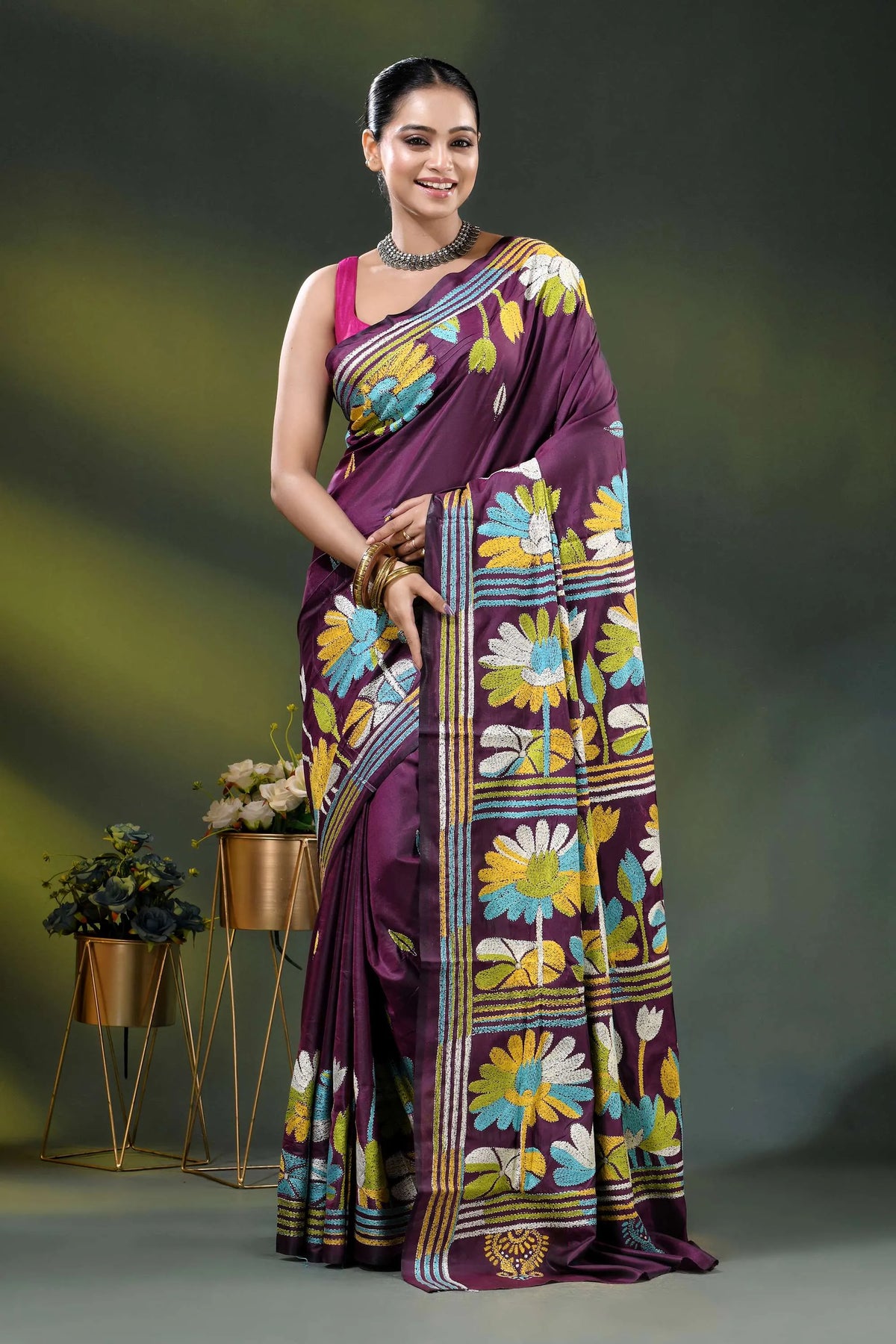 Multicolor floral hand embroidered wine kantha stitch silk saree 1