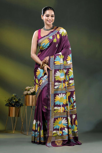 Multicolor floral hand embroidered wine kantha stitch silk saree 1