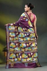 Multicolor floral hand embroidered wine kantha stitch silk saree 4