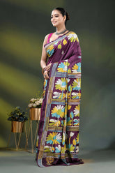 Multicolor floral hand embroidered wine kantha stitch silk saree 3