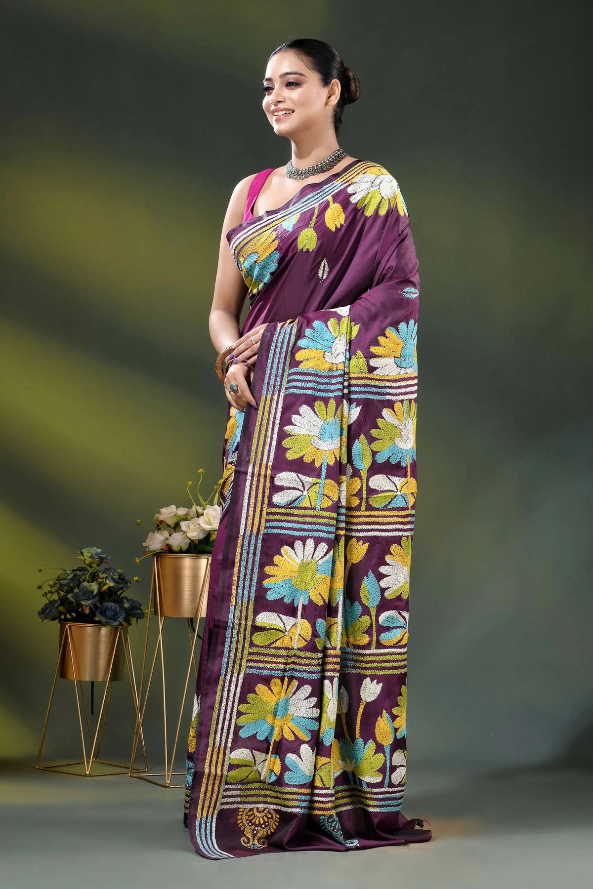 Multicolor floral hand embroidered wine kantha stitch silk saree 3