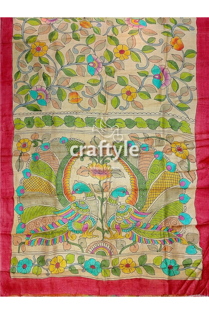 Multicolor floral hand painted pure tussar kalamkari saree hand-painted silk fabric floral peacock 7