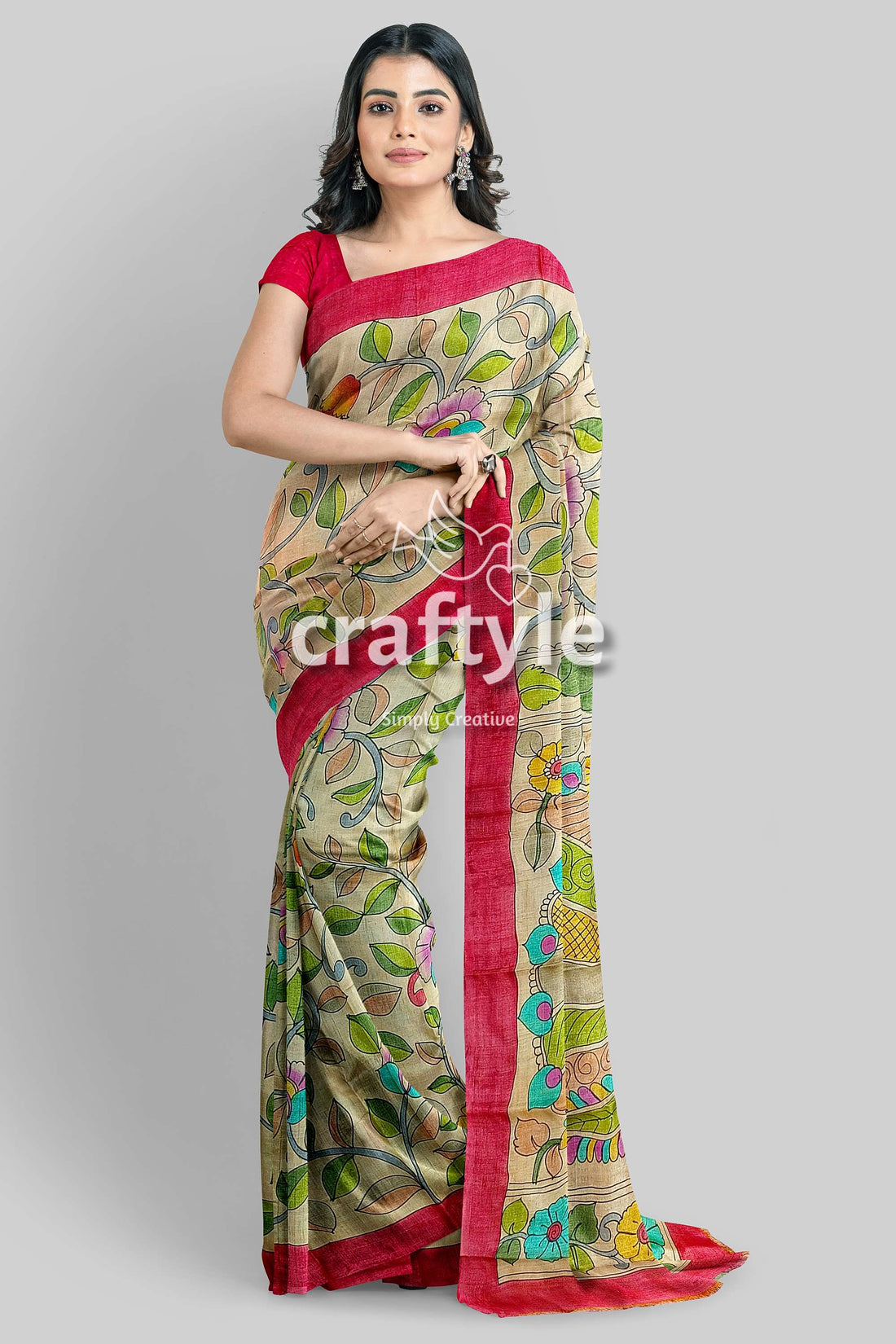 Multicolor Floral Hand Painted Pure Tussar Kalamkari Saree - Craftyle