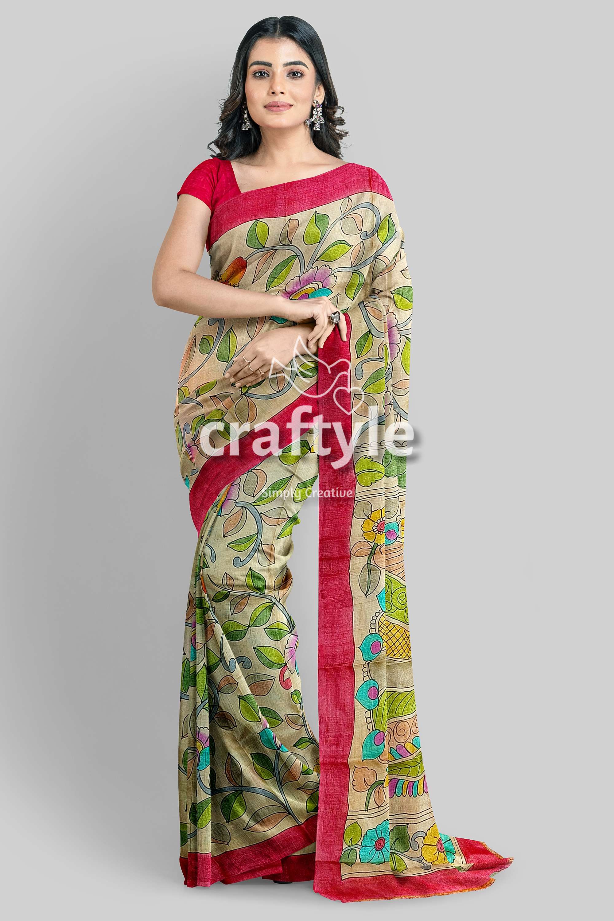 Multicolor Floral Hand Painted Pure Tussar Kalamkari Saree - Craftyle