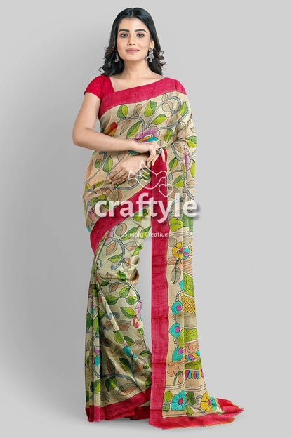 Multicolor Floral Hand Painted Pure Tussar Kalamkari Saree - Craftyle