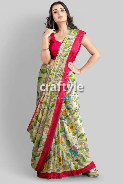 Multicolor Floral Hand Painted Pure Tussar Kalamkari Saree - Craftyle