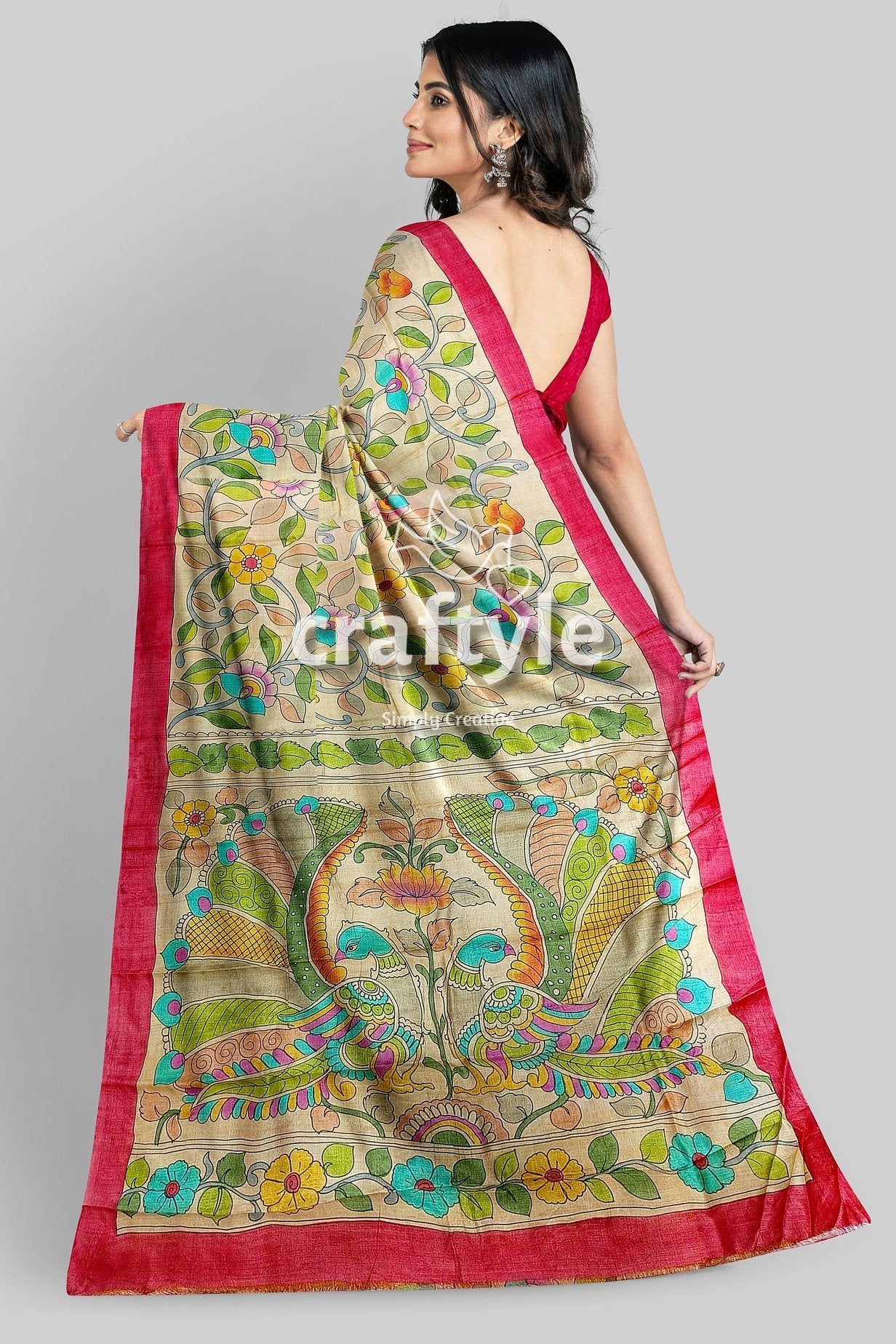 Multicolor Floral Hand Painted Pure Tussar Kalamkari Saree - Craftyle