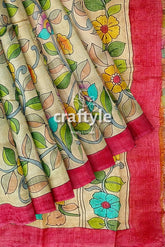 Multicolor Floral Hand Painted Pure Tussar Kalamkari Saree - Craftyle