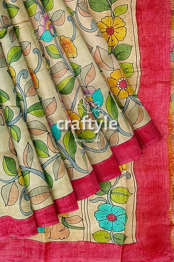 Multicolor Floral Hand Painted Pure Tussar Kalamkari Saree - Craftyle