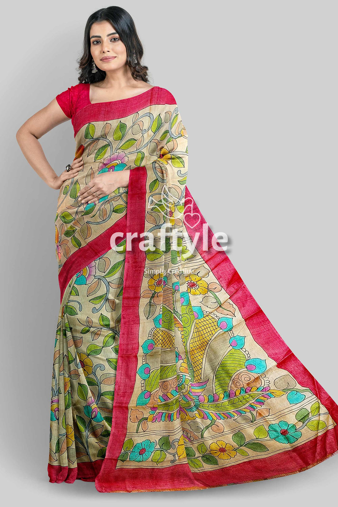 Multicolor Floral Hand Painted Pure Tussar Kalamkari Saree - Craftyle